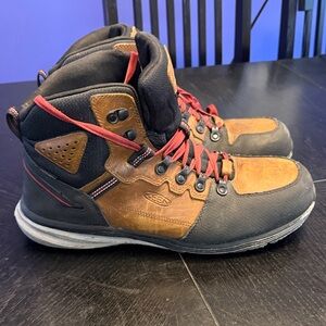Keen Men's Brown and Black Utility work Boots with Red Laces